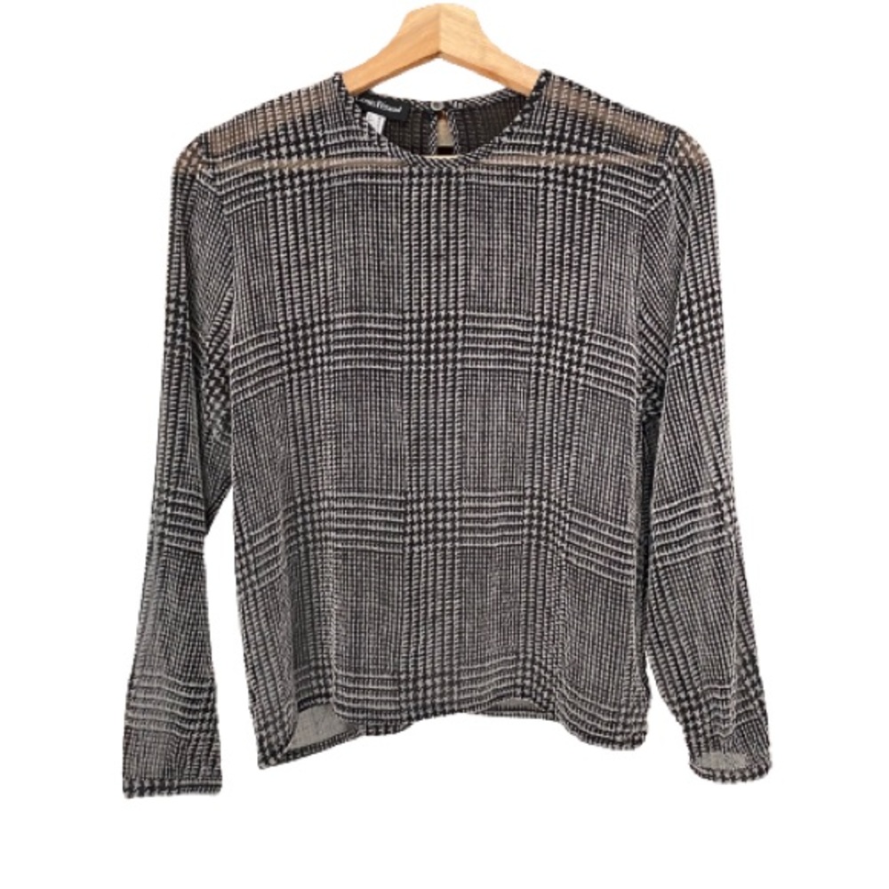 LOUIS FERAUD Black and White Tartan Check Metallic 100% Silk Blouse, Size 6